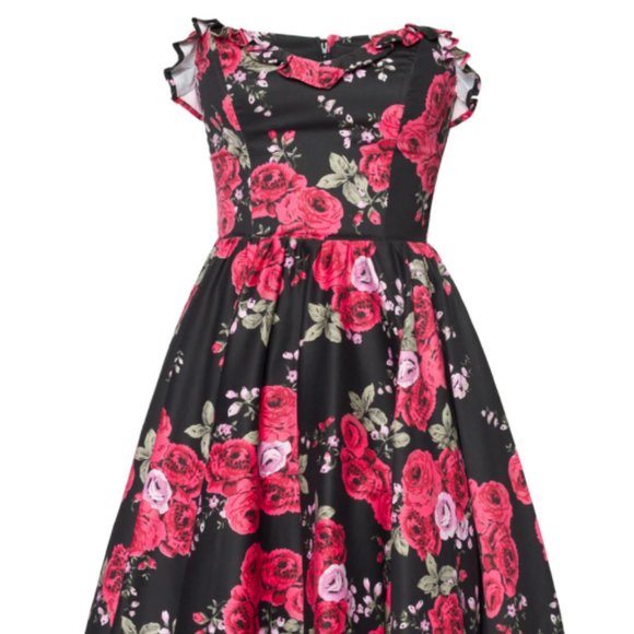 Pinup Couture Bela Strapless Bustier Swing Dress in Red Roses Sateen - Picture 2 of 11